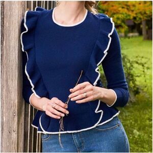 DRAPER JAMES | navy blue & white nora ruffle sweater XS NWT $178